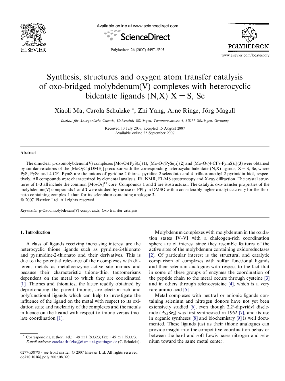 Synthesis, structures and oxygen atom transfer catalysis of oxo-bridged molybdenum(V) complexes with heterocyclic bidentate ligands (N,X) X = S, Se