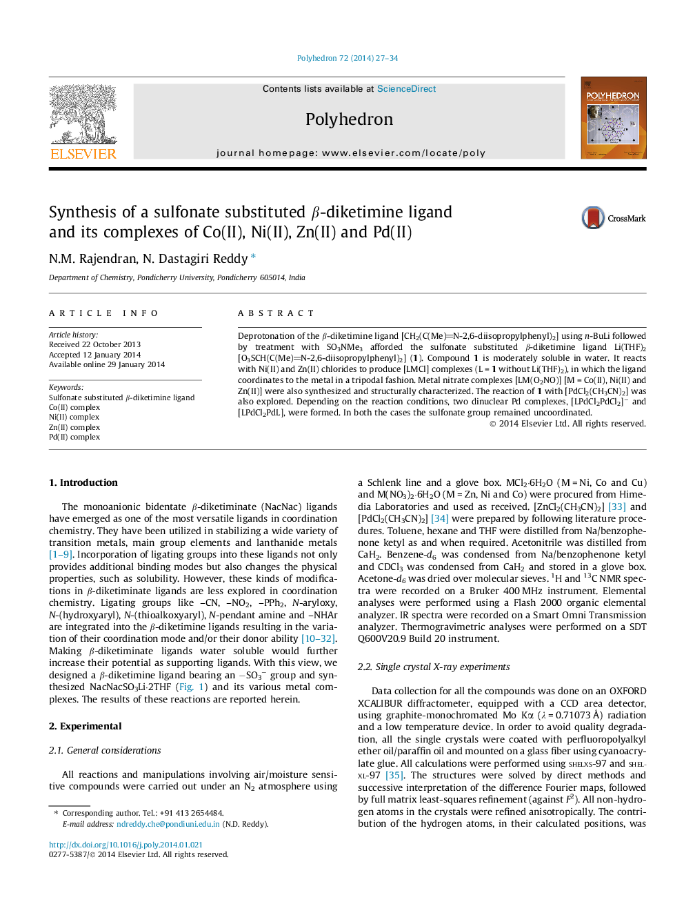 Synthesis of a sulfonate substituted β-diketimine ligand and its complexes of Co(II), Ni(II), Zn(II) and Pd(II)