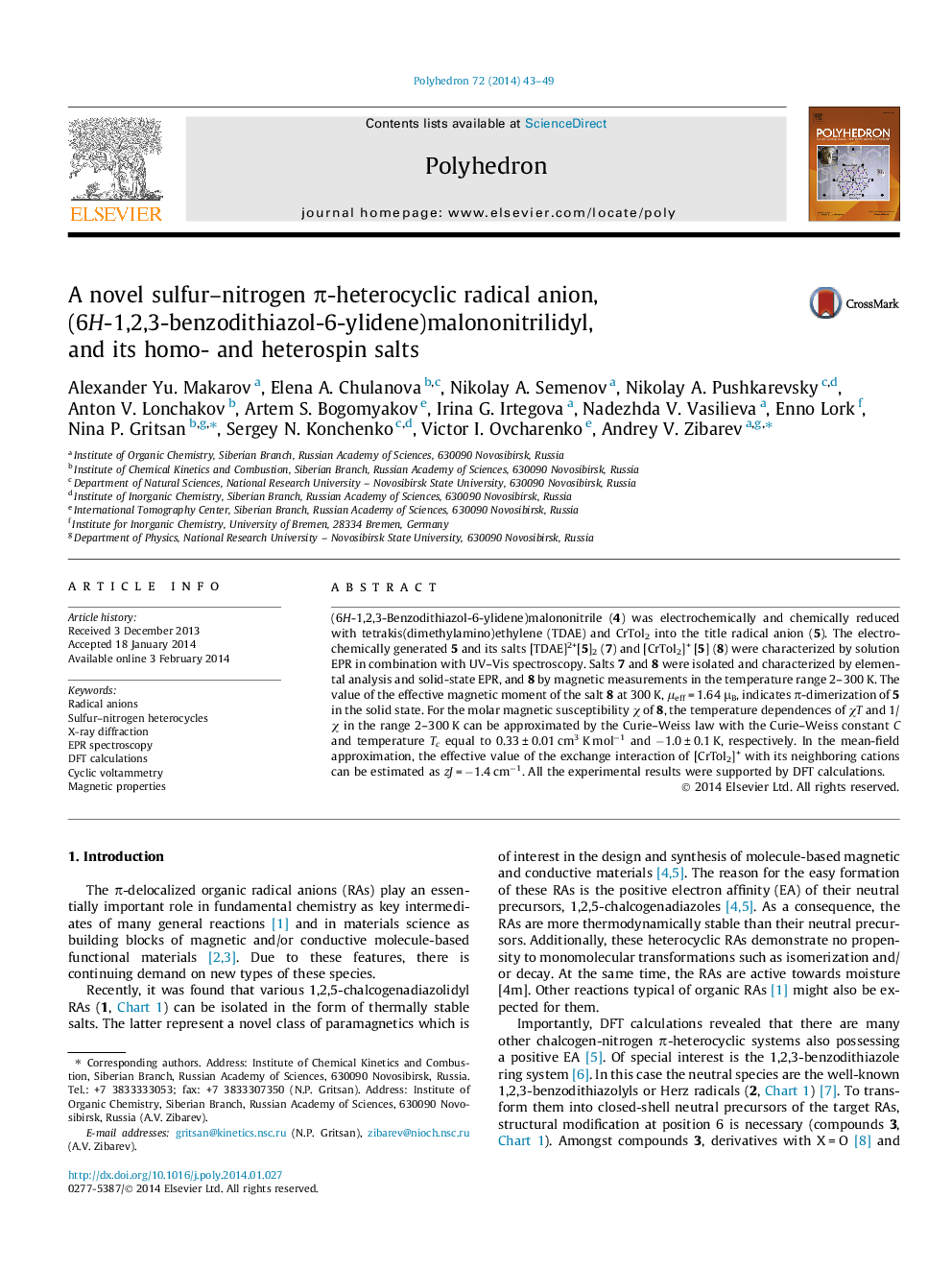 A novel sulfur–nitrogen π-heterocyclic radical anion, (6H-1,2,3-benzodithiazol-6-ylidene)malononitrilidyl, and its homo- and heterospin salts
