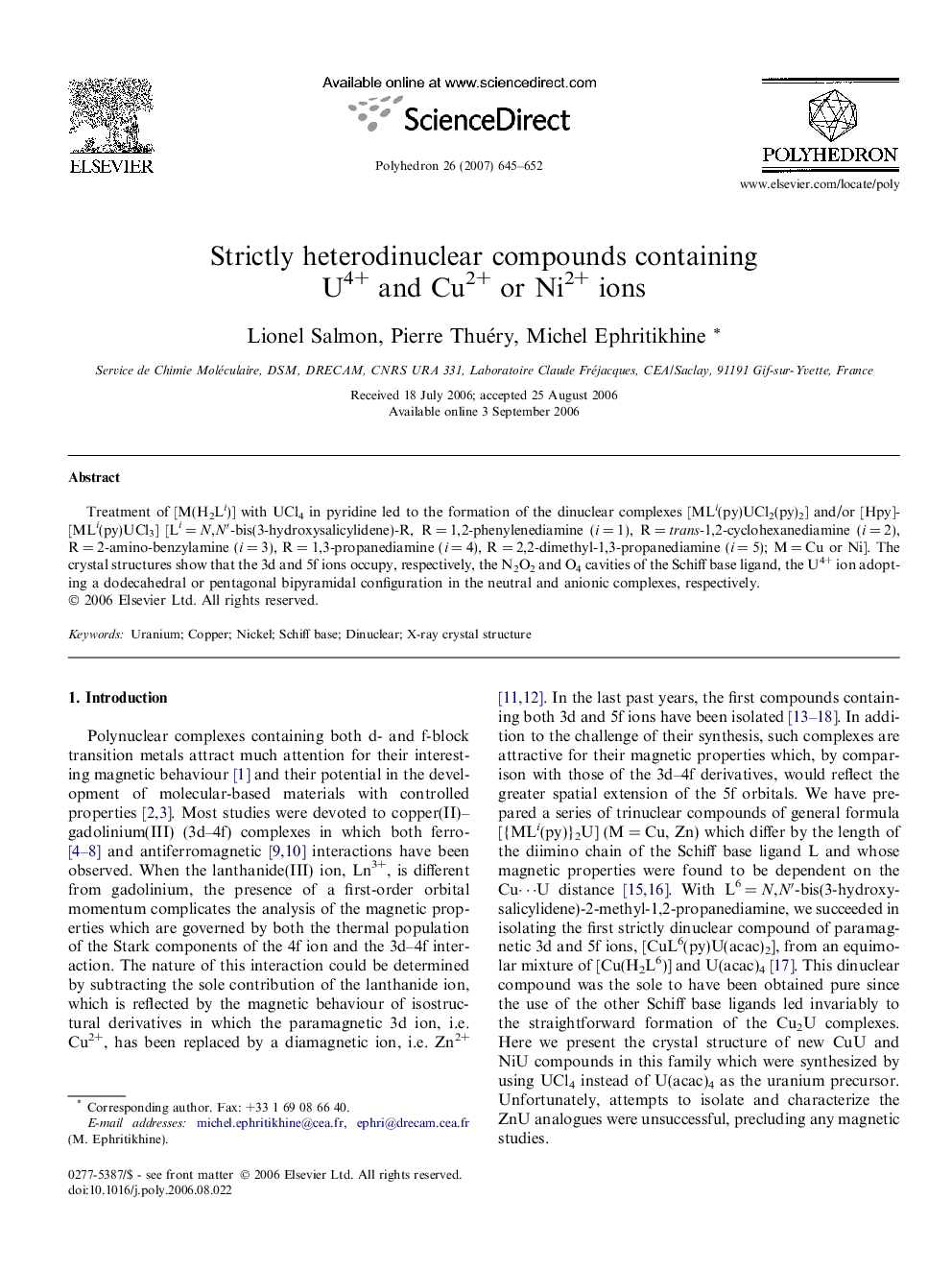 Strictly heterodinuclear compounds containing U4+ and Cu2+ or Ni2+ ions