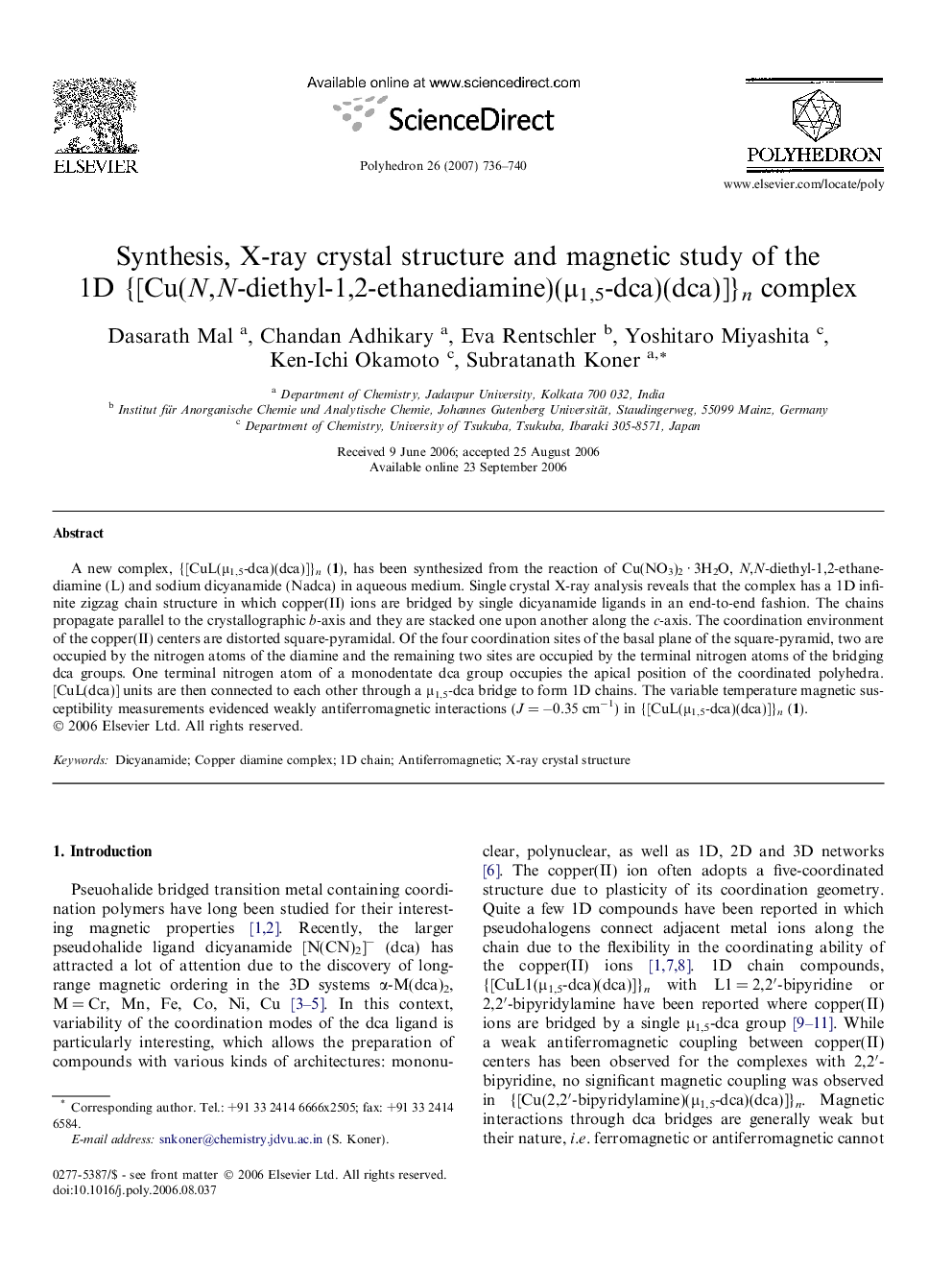 Synthesis, X-ray crystal structure and magnetic study of the 1D {[Cu(N,N-diethyl-1,2-ethanediamine)(Î¼1,5-dca)(dca)]}n complex