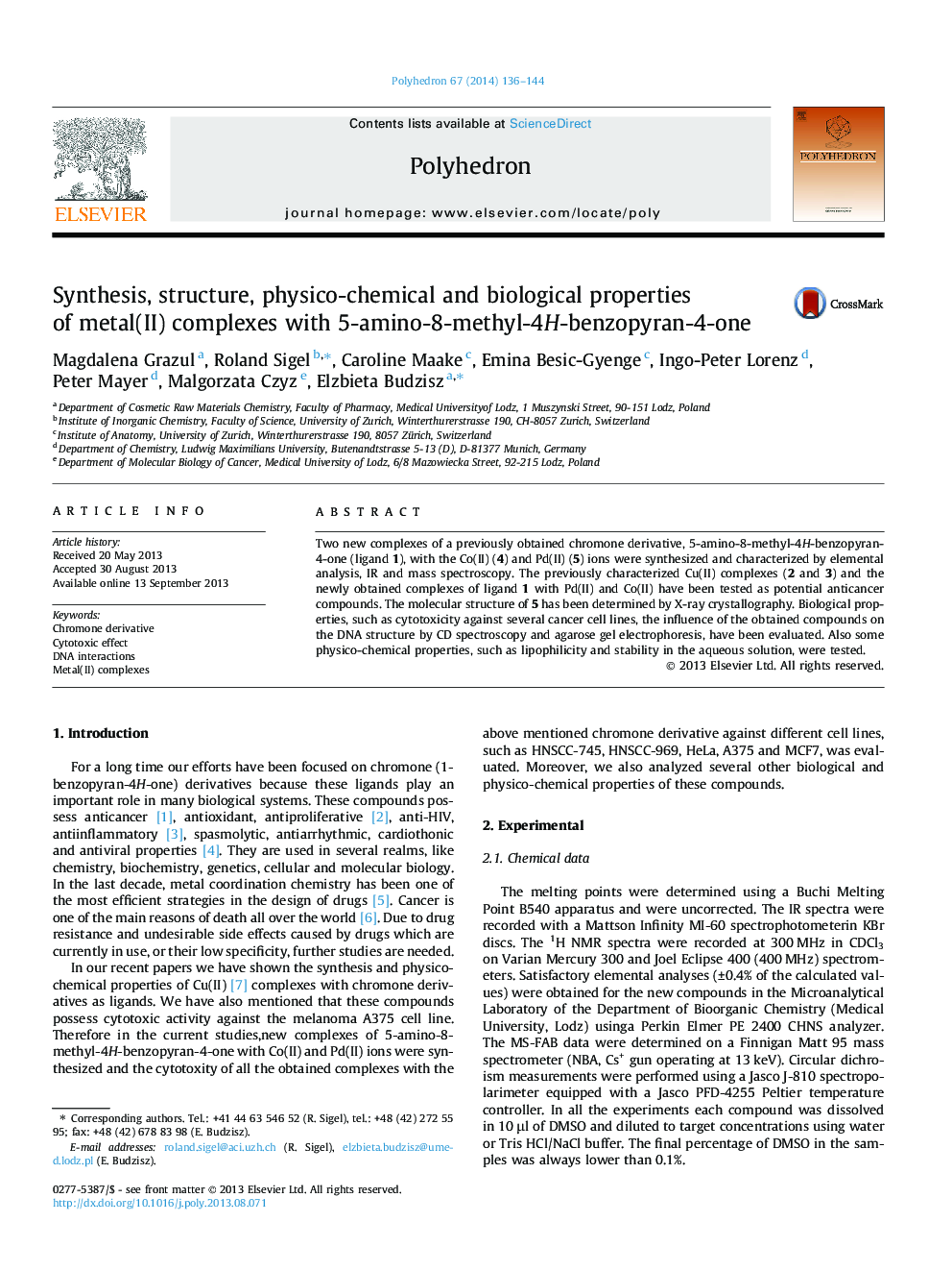 Synthesis, structure, physico-chemical and biological properties of metal(II) complexes with 5-amino-8-methyl-4H-benzopyran-4-one