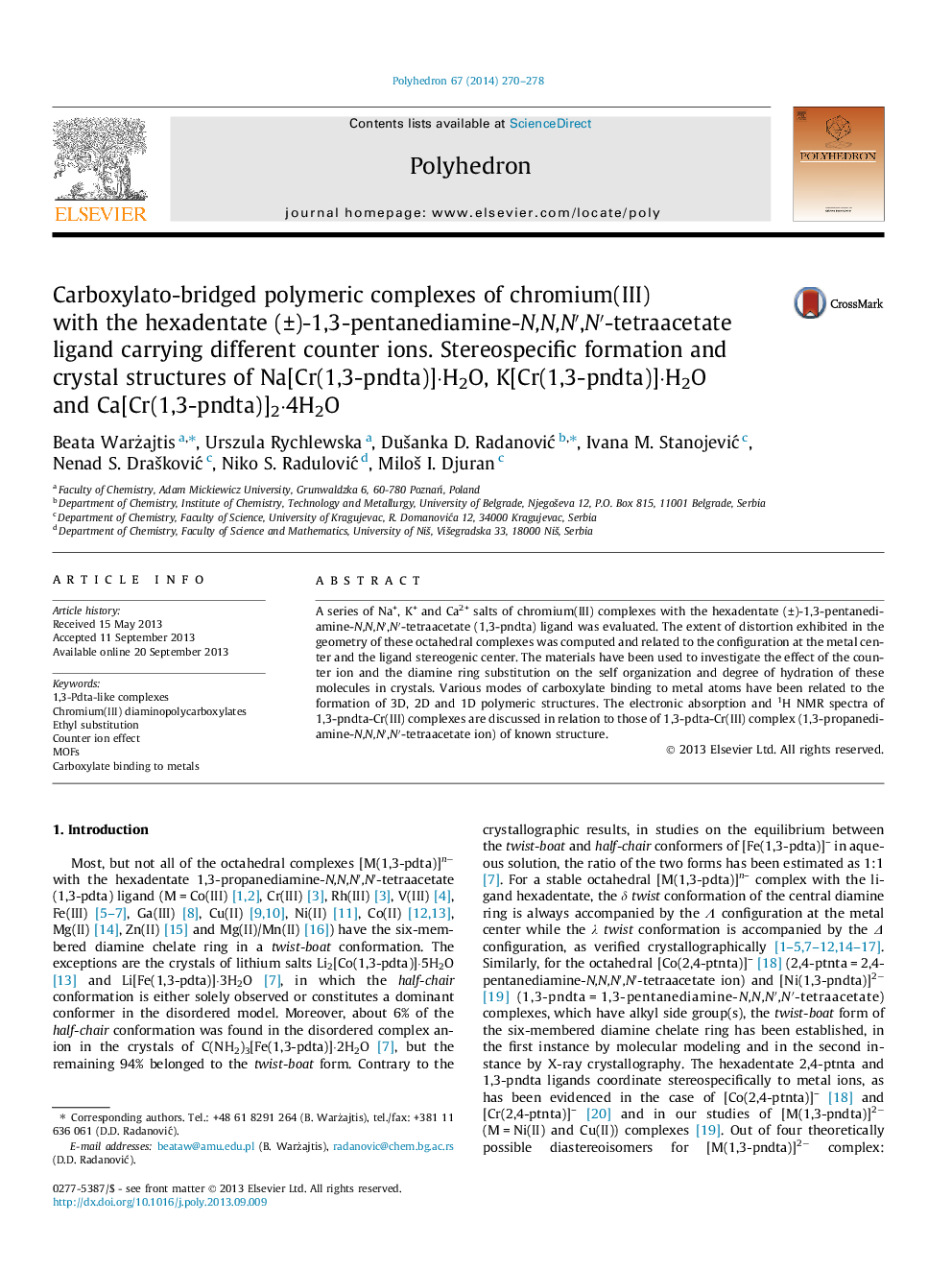 Carboxylato-bridged polymeric complexes of chromium(III) with the hexadentate (±)-1,3-pentanediamine-N,N,N′,N′-tetraacetate ligand carrying different counter ions. Stereospecific formation and crystal structures of Na[Cr(1,3-pndta)]·H2O, K[Cr(1,3-pndta)]·