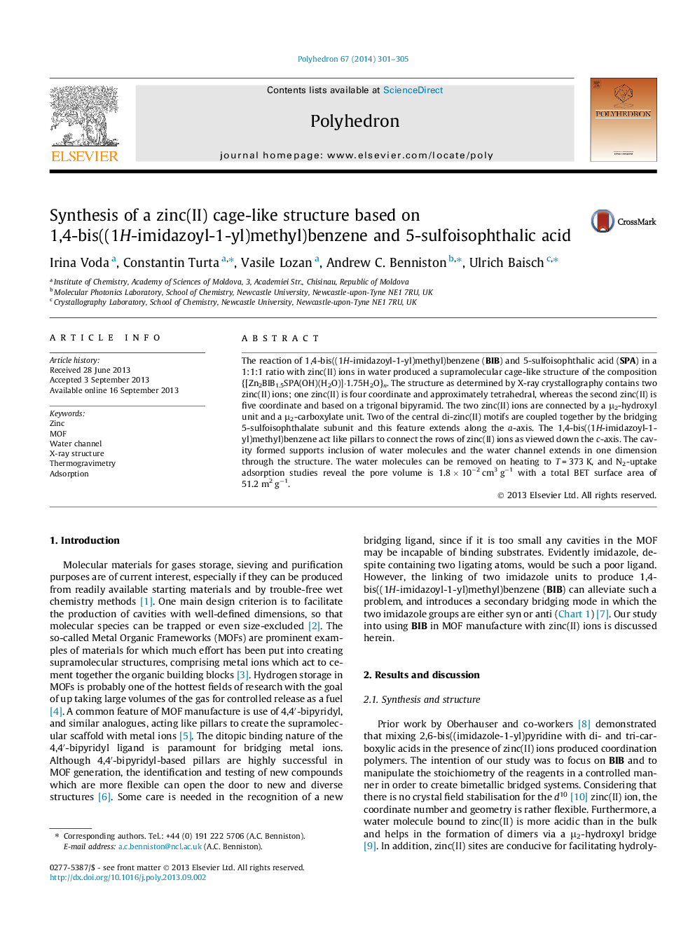 Synthesis of a zinc(II) cage-like structure based on 1,4-bis((1H-imidazoyl-1-yl)methyl)benzene and 5-sulfoisophthalic acid