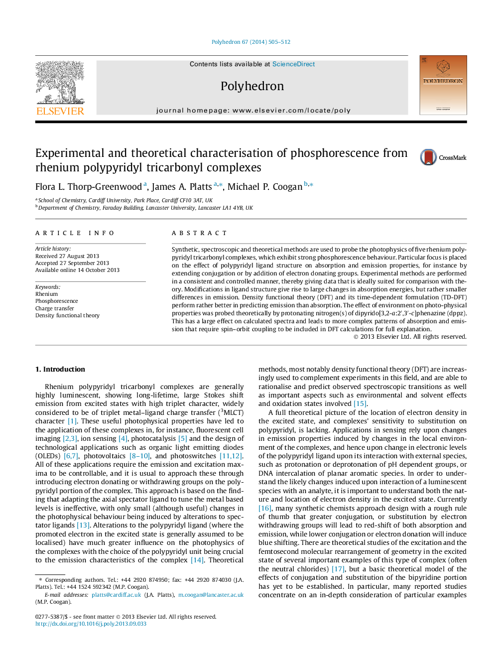 Experimental and theoretical characterisation of phosphorescence from rhenium polypyridyl tricarbonyl complexes