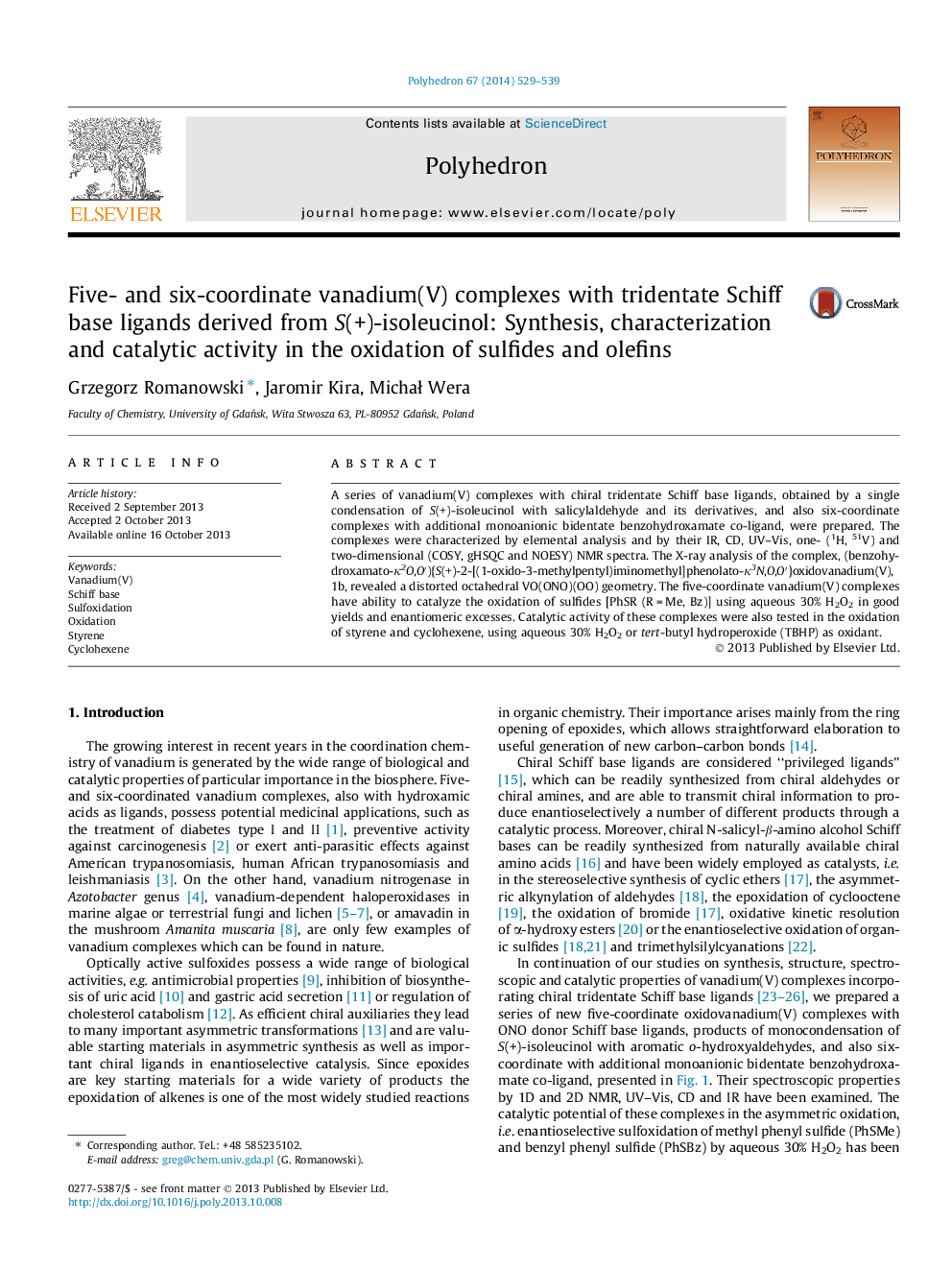 Five- and six-coordinate vanadium(V) complexes with tridentate Schiff base ligands derived from S(+)-isoleucinol: Synthesis, characterization and catalytic activity in the oxidation of sulfides and olefins