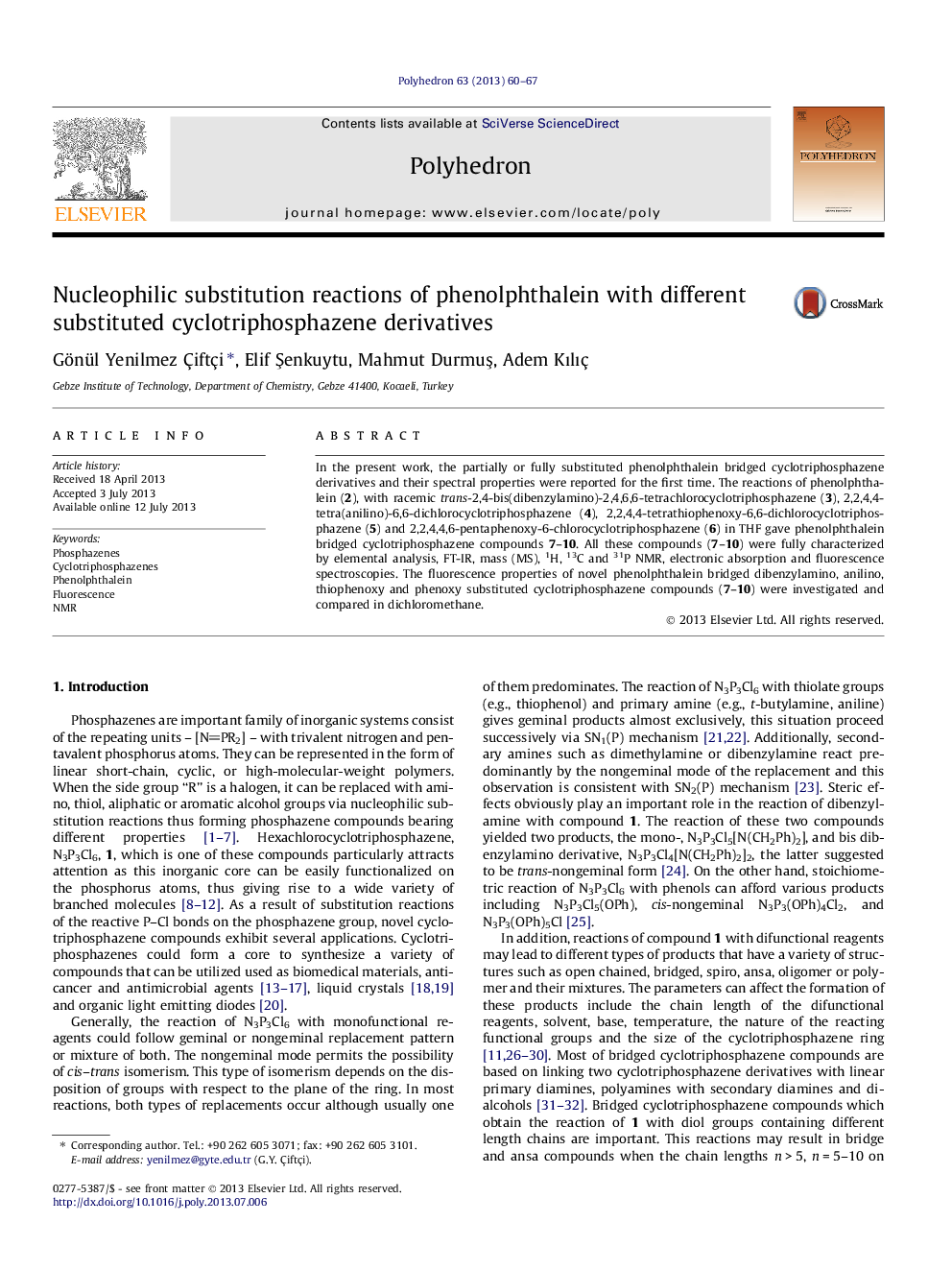 Nucleophilic substitution reactions of phenolphthalein with different substituted cyclotriphosphazene derivatives