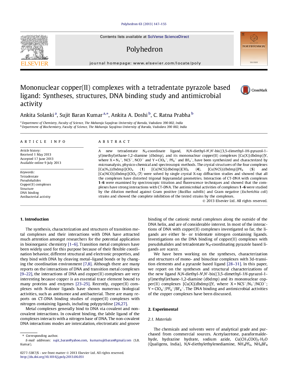 Mononuclear copper(II) complexes with a tetradentate pyrazole based ligand: Syntheses, structures, DNA binding study and antimicrobial activity