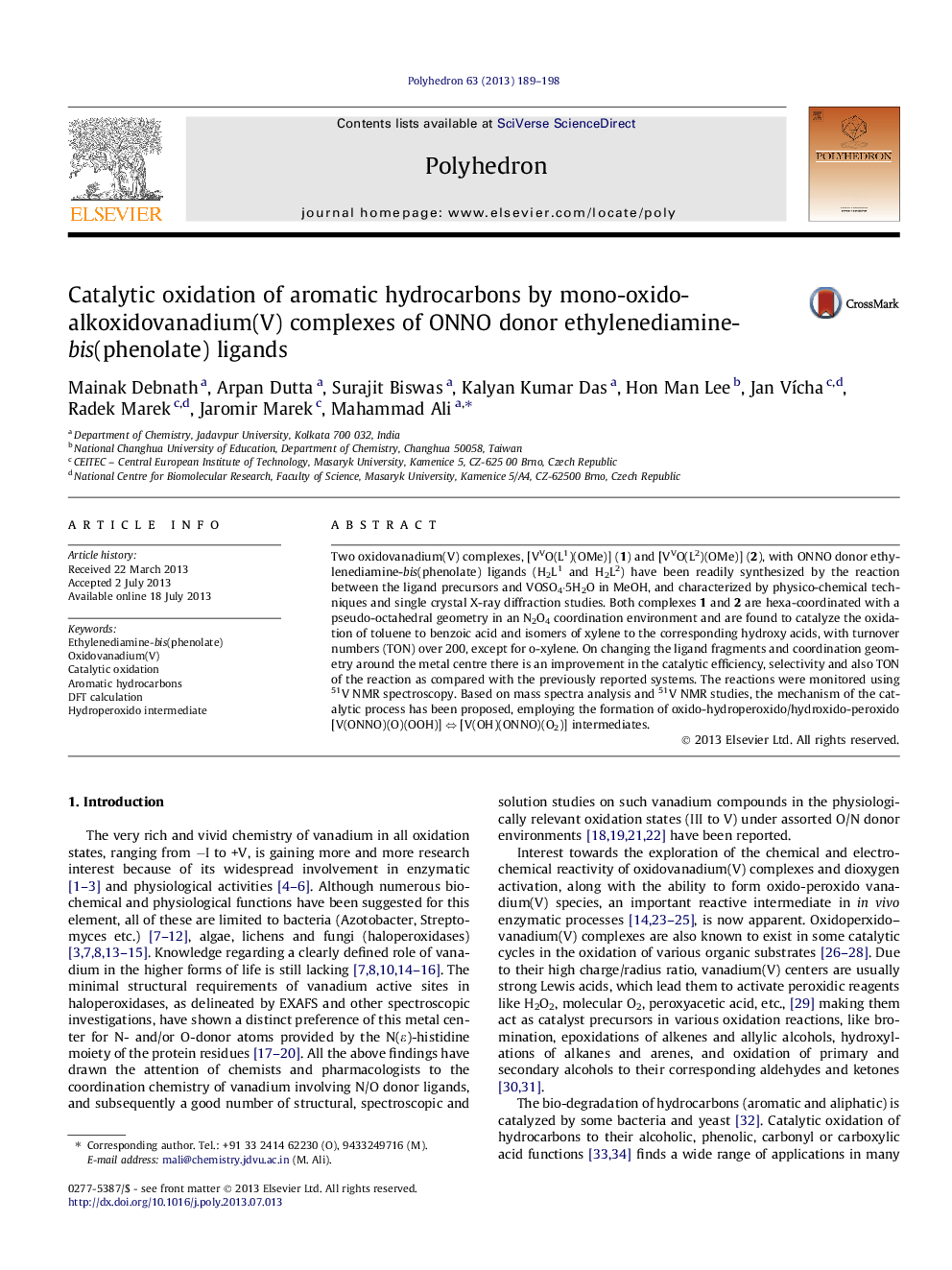 Catalytic oxidation of aromatic hydrocarbons by mono-oxido-alkoxidovanadium(V) complexes of ONNO donor ethylenediamine-bis(phenolate) ligands