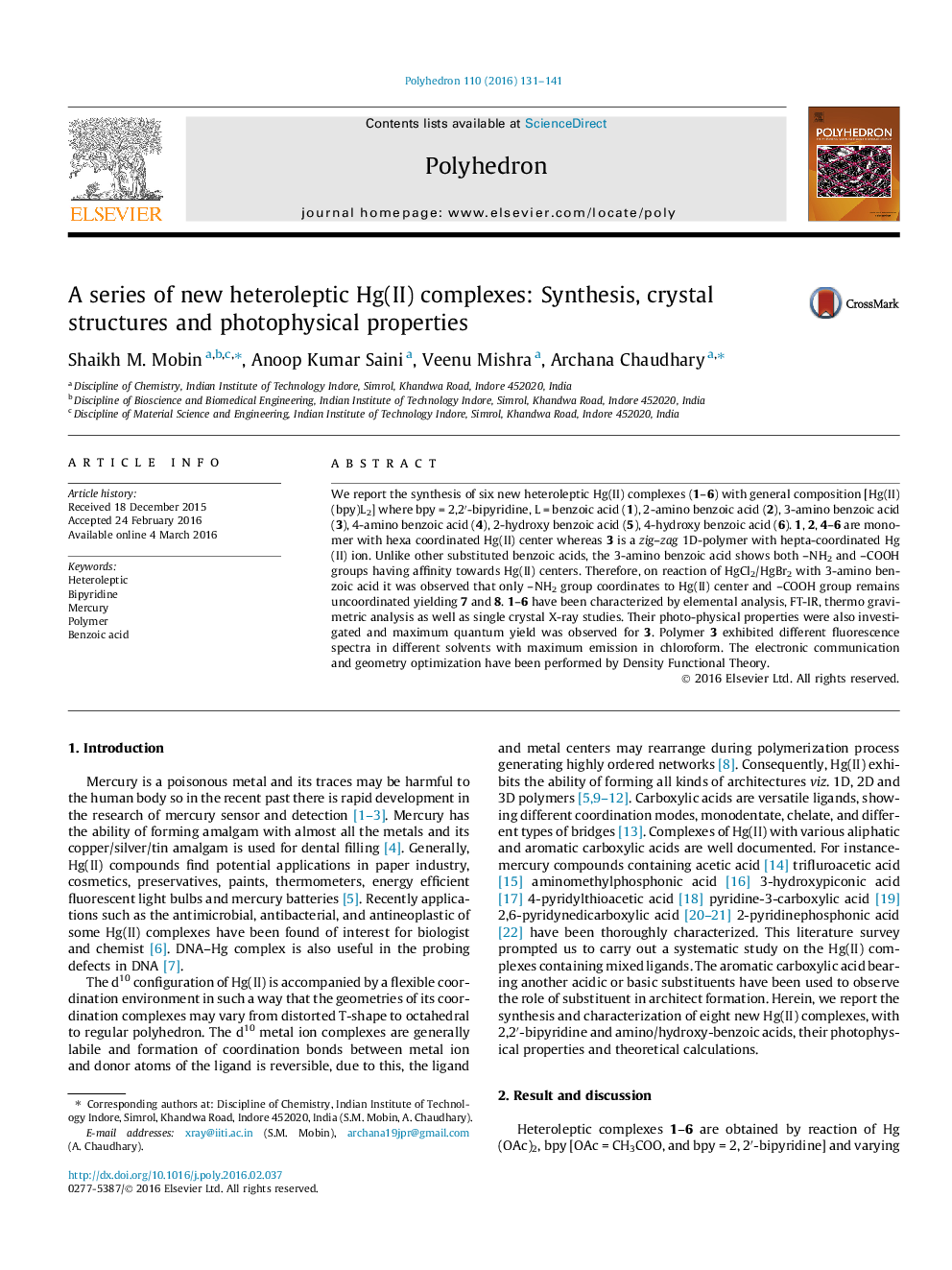 A series of new heteroleptic Hg(II) complexes: Synthesis, crystal structures and photophysical properties