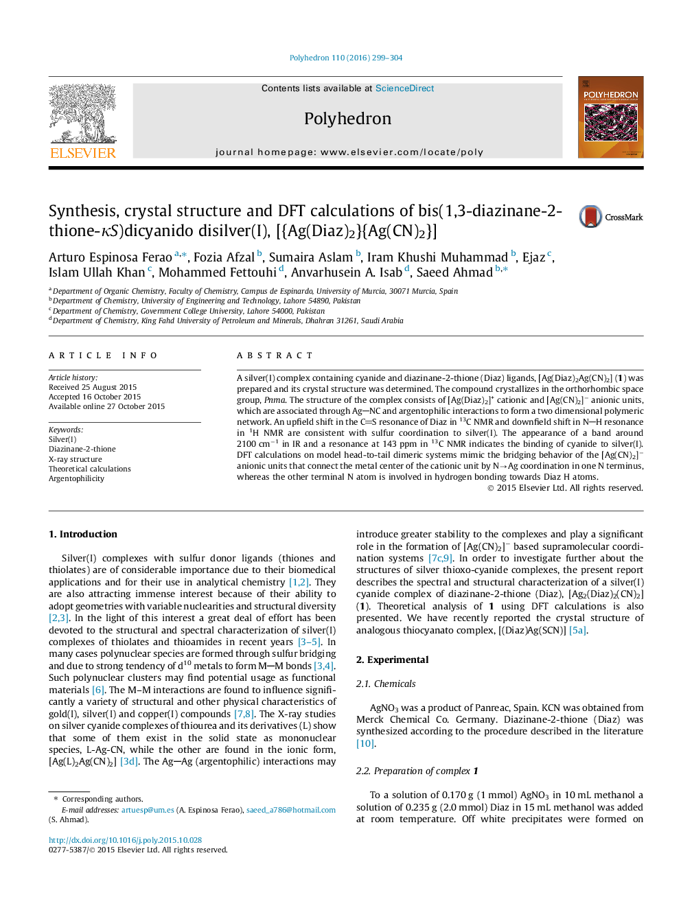 Synthesis, crystal structure and DFT calculations of bis(1,3-diazinane-2-thione-κS)dicyanido disilver(I), [{Ag(Diaz)2}{Ag(CN)2}]