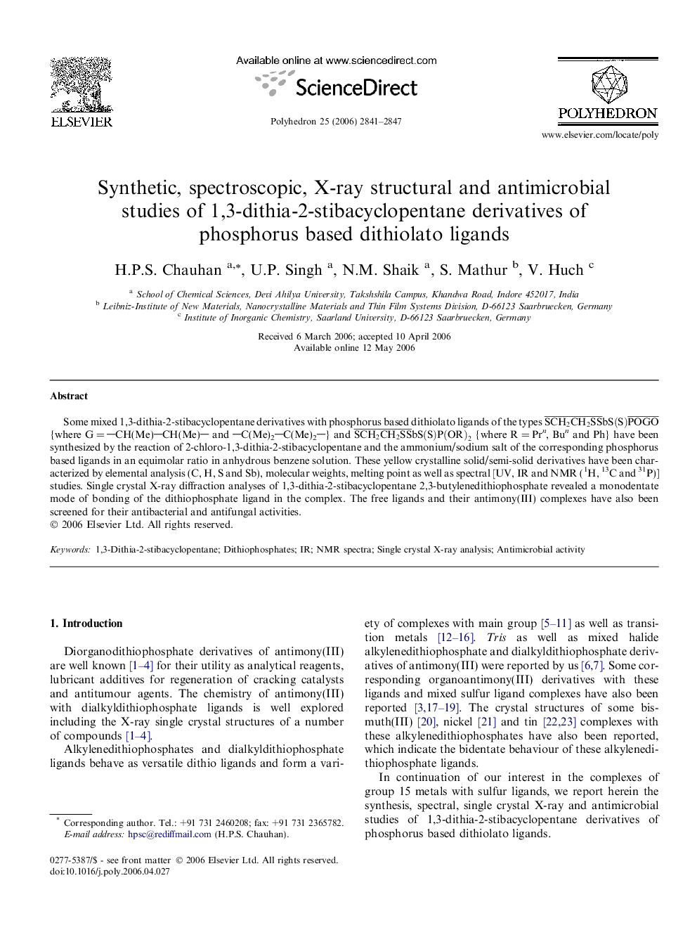 Synthetic, spectroscopic, X-ray structural and antimicrobial studies of 1,3-dithia-2-stibacyclopentane derivatives of phosphorus based dithiolato ligands