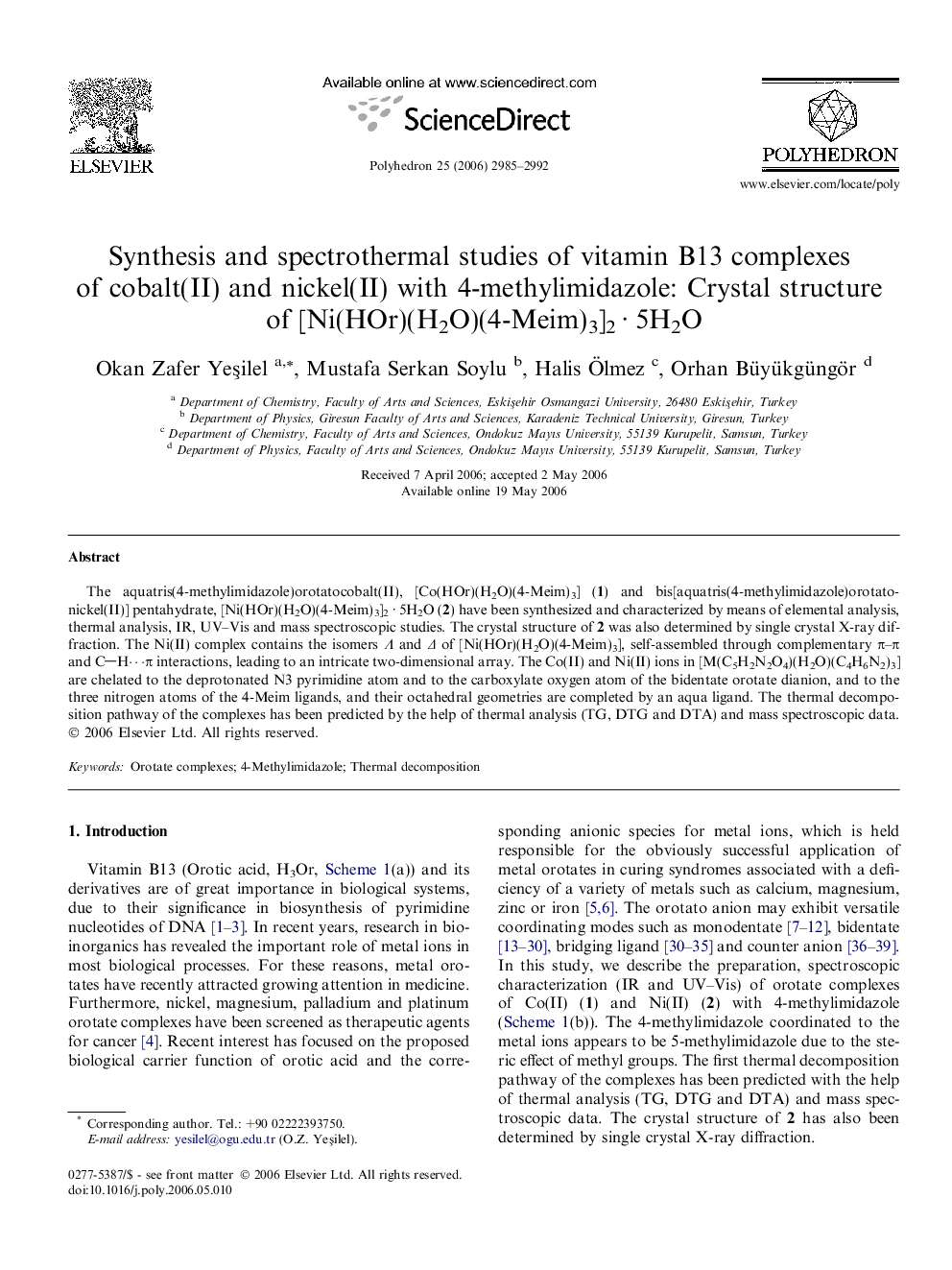 Synthesis and spectrothermal studies of vitamin B13 complexes of cobalt(II) and nickel(II) with 4-methylimidazole: Crystal structure of [Ni(HOr)(H2O)(4-Meim)3]2 · 5H2O