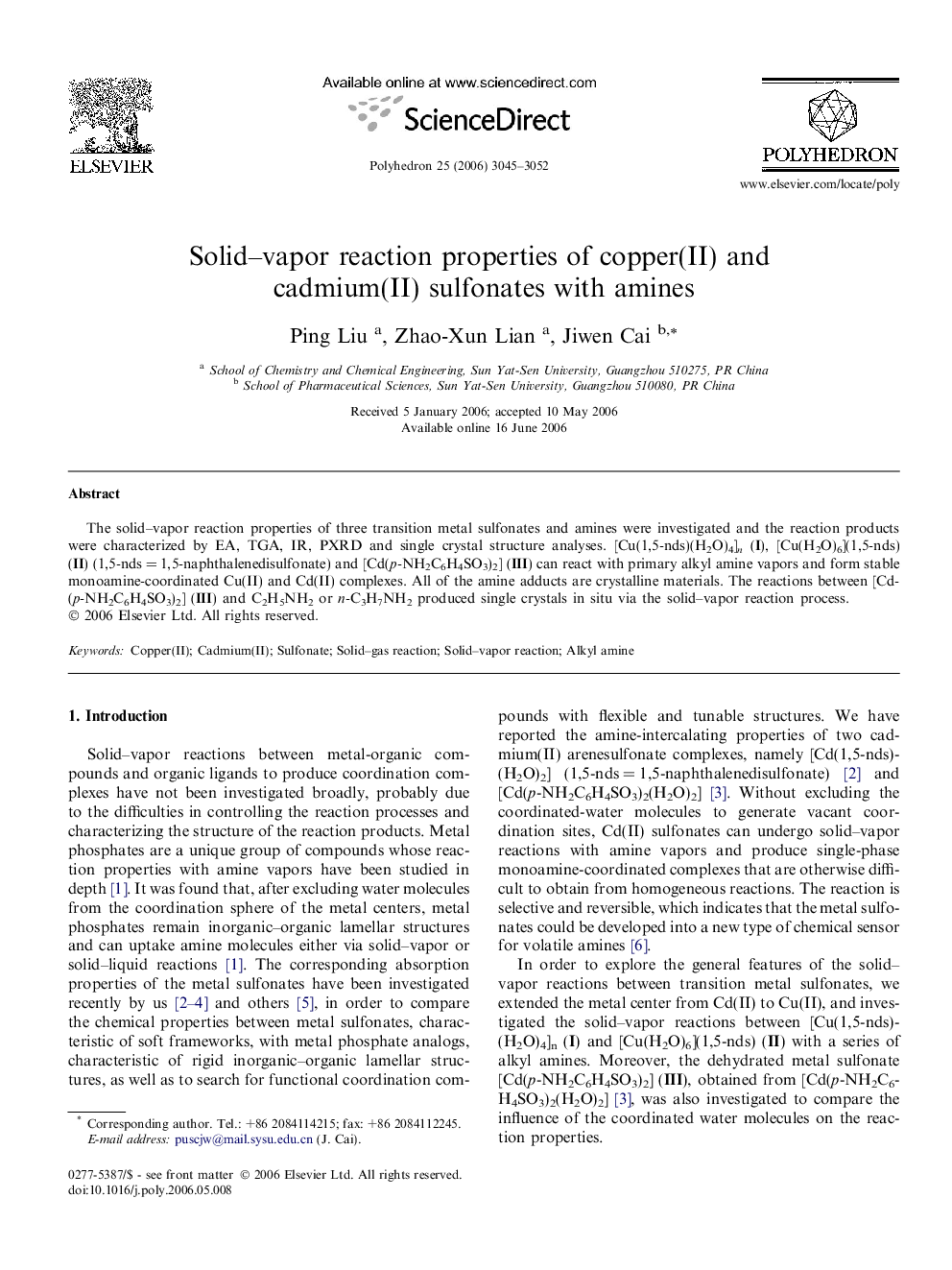 Solid–vapor reaction properties of copper(II) and cadmium(II) sulfonates with amines