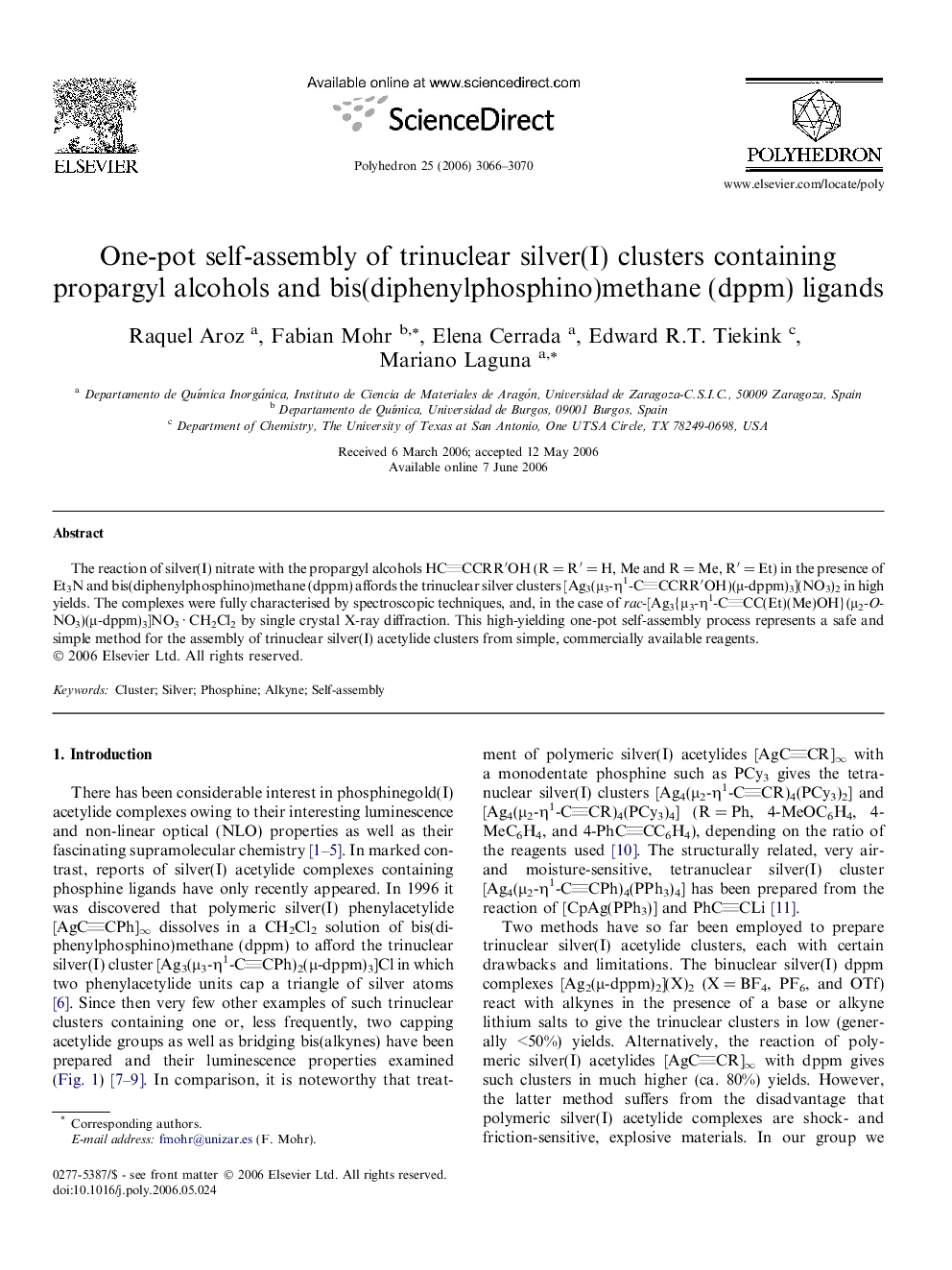 One-pot self-assembly of trinuclear silver(I) clusters containing propargyl alcohols and bis(diphenylphosphino)methane (dppm) ligands