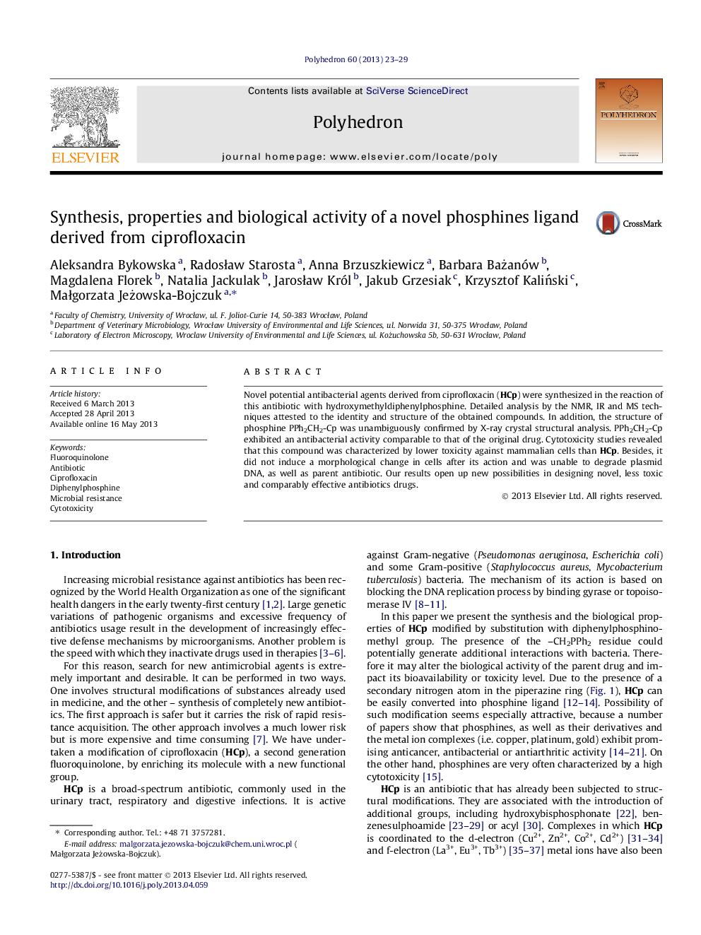 Synthesis, properties and biological activity of a novel phosphines ligand derived from ciprofloxacin