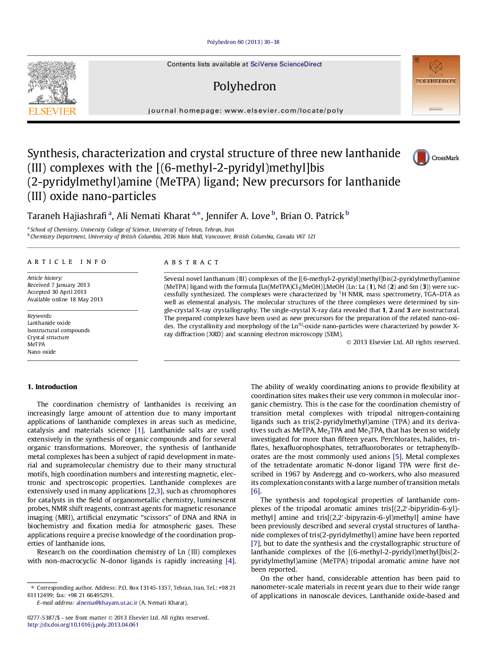 Synthesis, characterization and crystal structure of three new lanthanide (III) complexes with the [(6-methyl-2-pyridyl)methyl]bis(2-pyridylmethyl)amine (MeTPA) ligand; New precursors for lanthanide (III) oxide nano-particles