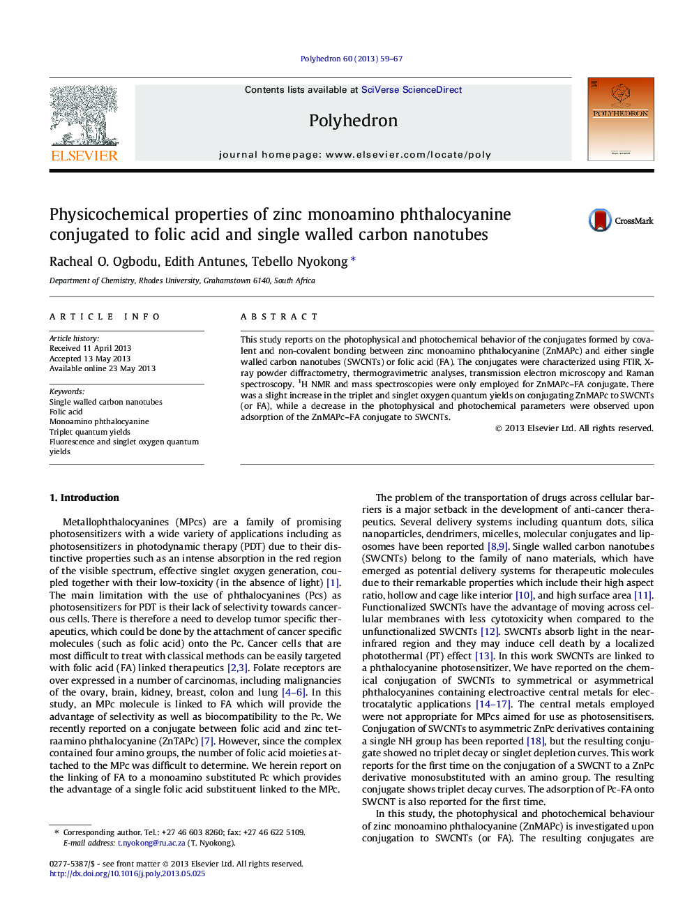 Physicochemical properties of zinc monoamino phthalocyanine conjugated to folic acid and single walled carbon nanotubes