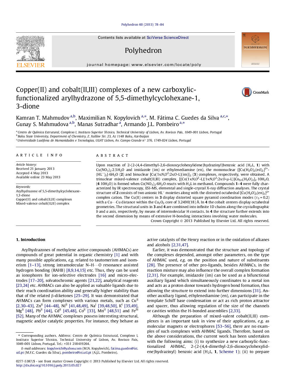 Copper(II) and cobalt(II,III) complexes of a new carboxylic-functionalized arylhydrazone of 5,5-dimethylcyclohexane-1,3-dione