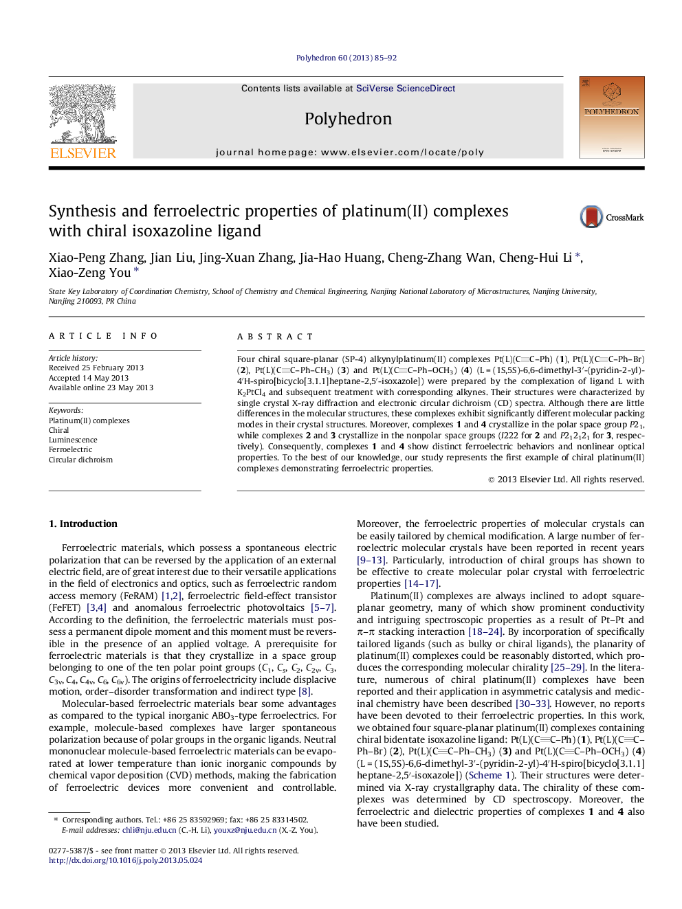 عکس صفحه اول مقاله: Synthesis and ferroelectric properties of platinum(II) complexes with chiral isoxazoline ligand Synthesis and ferroelectric properties of platinum(II) complexes with chiral isoxazoline ligand