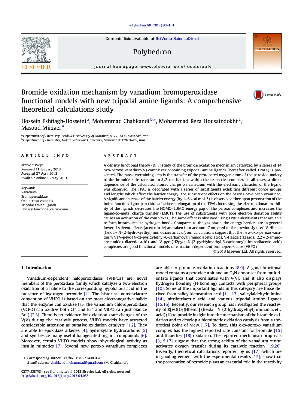 Bromide oxidation mechanism by vanadium bromoperoxidase functional models with new tripodal amine ligands: A comprehensive theoretical calculations study