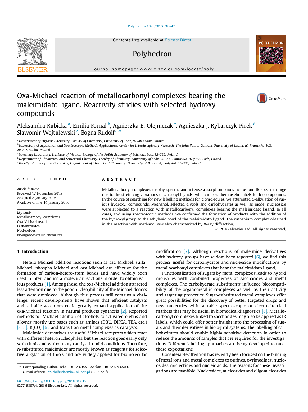 Oxa-Michael reaction of metallocarbonyl complexes bearing the maleimidato ligand. Reactivity studies with selected hydroxy compounds