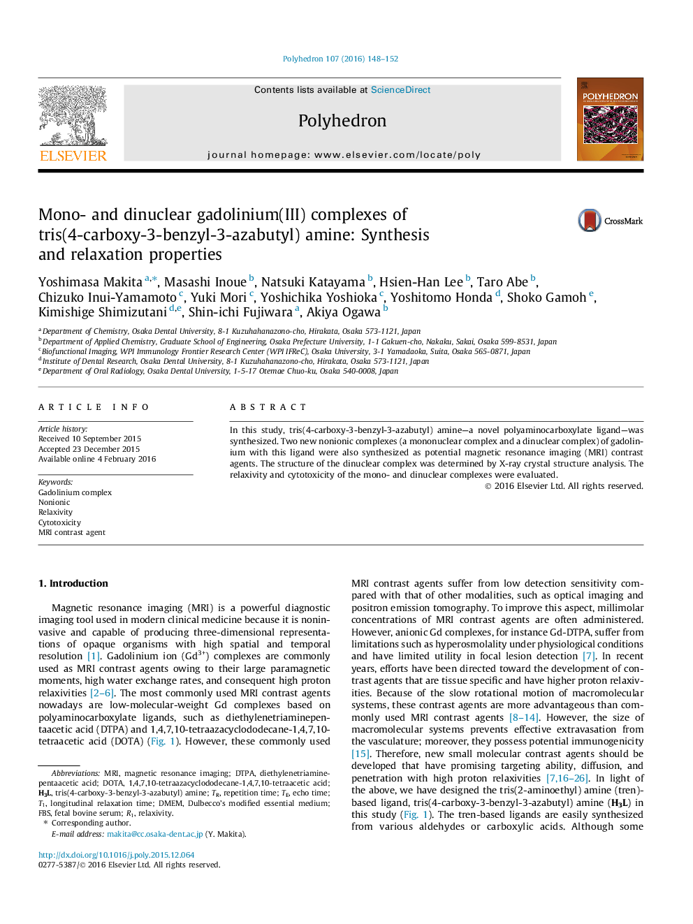 Mono- and dinuclear gadolinium(III) complexes of tris(4-carboxy-3-benzyl-3-azabutyl) amine: Synthesis and relaxation properties