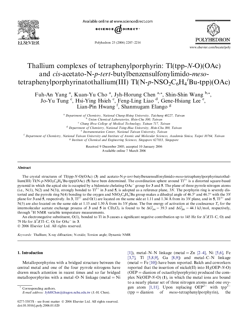 Thallium complexes of tetraphenylporphyrin: Tl(tpp-N-O)(OAc) and cis-acetato-N-p-tert-butylbenzensulfonylimido-meso-tetraphenylporphyrinatothallium(III) Tl(N-p-NSO2C6H4tBu-tpp)(OAc)