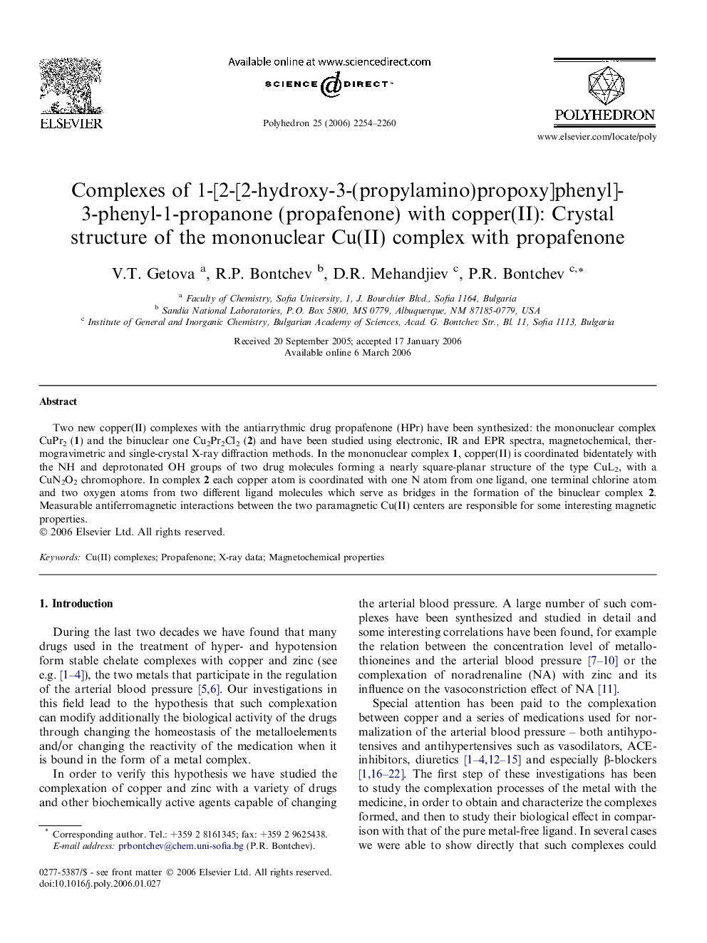 Complexes of 1-[2-[2-hydroxy-3-(propylamino)propoxy]phenyl]-3-phenyl-1-propanone (propafenone) with copper(II): Crystal structure of the mononuclear Cu(II) complex with propafenone