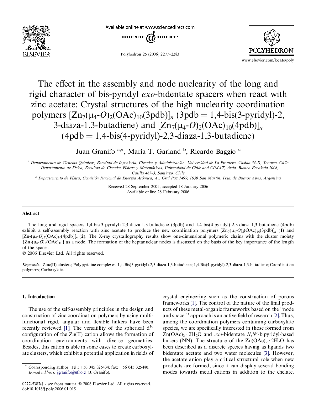 The effect in the assembly and node nuclearity of the long and rigid character of bis-pyridyl exo-bidentate spacers when react with zinc acetate: Crystal structures of the high nuclearity coordination polymers [Zn7(Î¼4-O)2(OAc)10(3pdb)]n (3pdbÂ =Â 1,4-bis