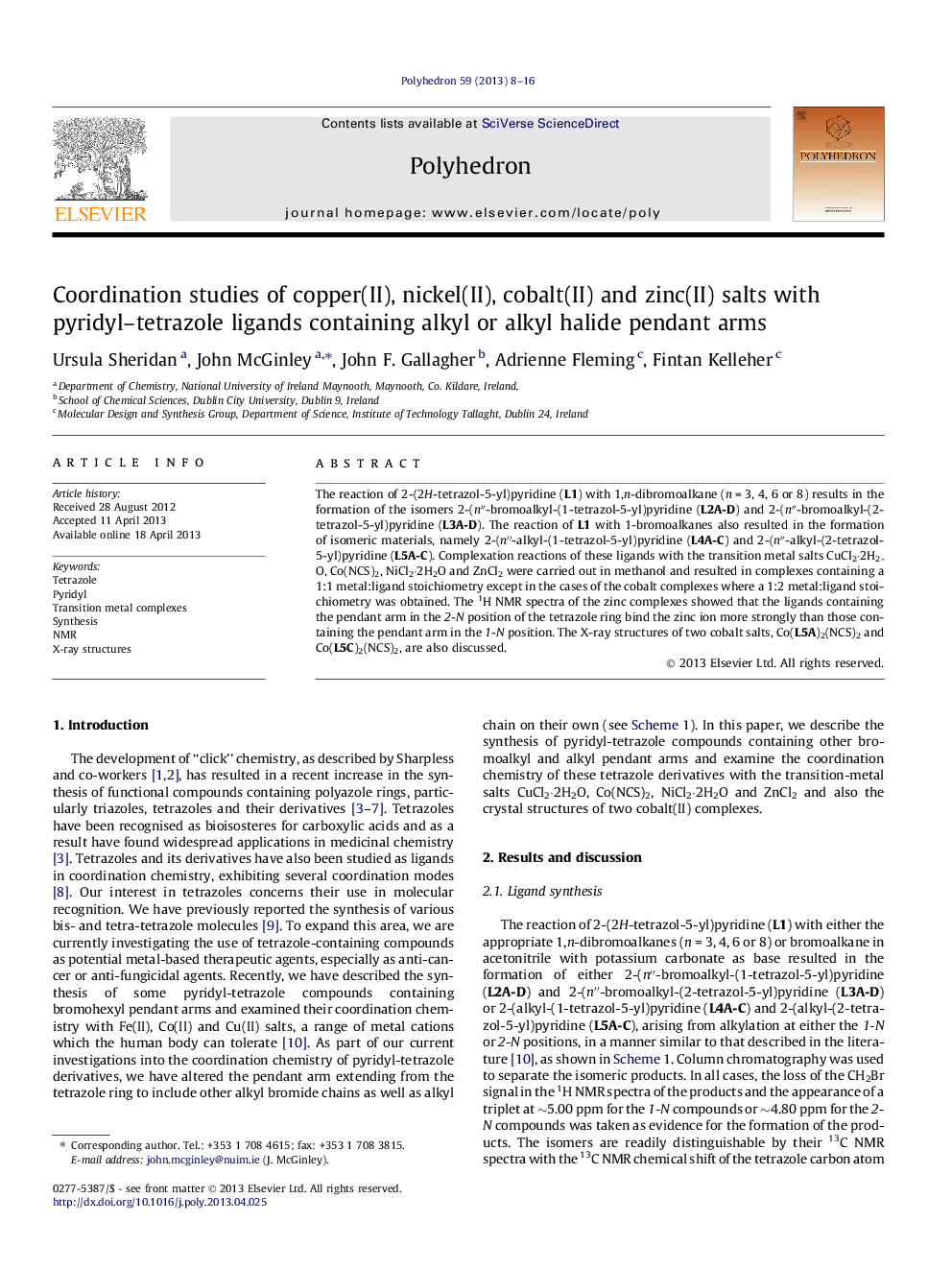 Coordination studies of copper(II), nickel(II), cobalt(II) and zinc(II) salts with pyridyl–tetrazole ligands containing alkyl or alkyl halide pendant arms