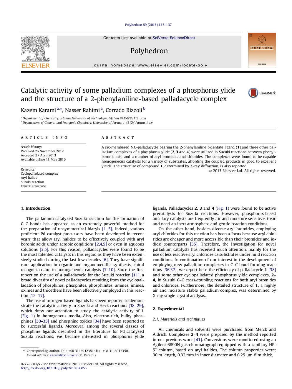 Catalytic activity of some palladium complexes of a phosphorus ylide and the structure of a 2-phenylaniline-based palladacycle complex