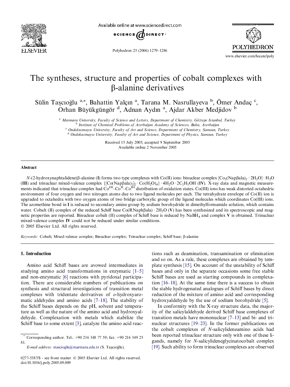 The syntheses, structure and properties of cobalt complexes with β-alanine derivatives