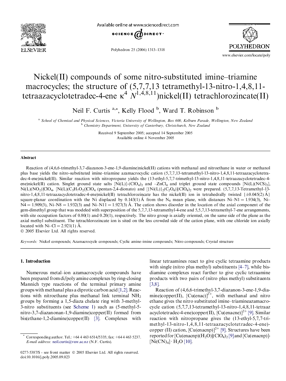 Nickel(II) compounds of some nitro-substituted imine-triamine macrocycles; the structure of (5,7,7,13 tetramethyl-13-nitro-1,4,8,11-tetraazacyclotetradec-4-ene Îº4N1,4,8,11)nickel(II) tetrachlorozincate(II)