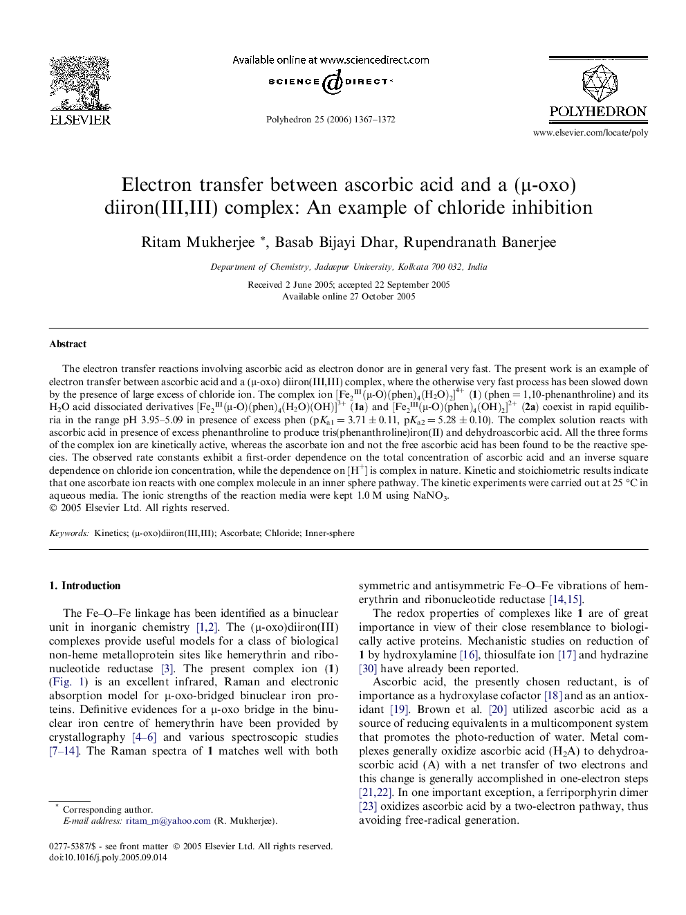 Electron transfer between ascorbic acid and a (Î¼-oxo) diiron(III,III) complex: An example of chloride inhibition