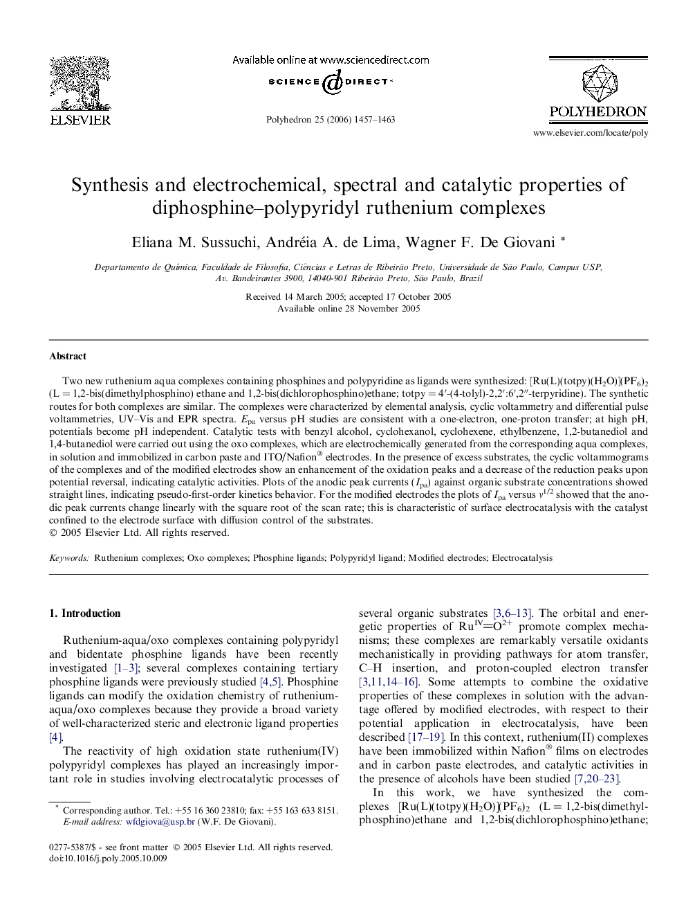 عکس صفحه اول مقاله: Synthesis and electrochemical, spectral and catalytic properties of diphosphine–polypyridyl ruthenium complexes Synthesis and electrochemical, spectral and catalytic properties of diphosphine–polypyridyl ruthenium complexes