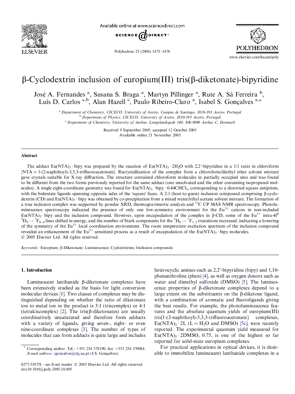 Î²-Cyclodextrin inclusion of europium(III) tris(Î²-diketonate)-bipyridine