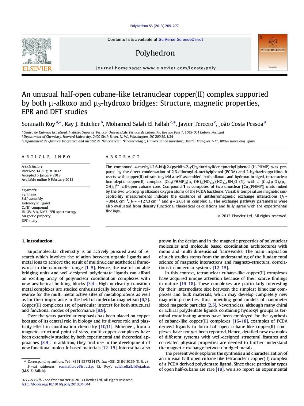 An unusual half-open cubane-like tetranuclear copper(II) complex supported by both μ-alkoxo and μ3-hydroxo bridges: Structure, magnetic properties, EPR and DFT studies