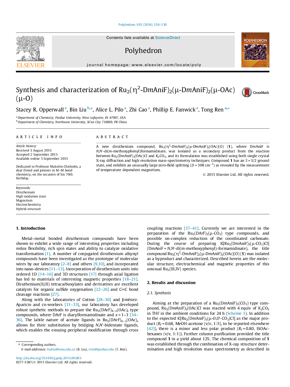 Synthesis and characterization of Ru2(η2-DmAniF)2(μ-DmAniF)2(μ-OAc)(μ-O)