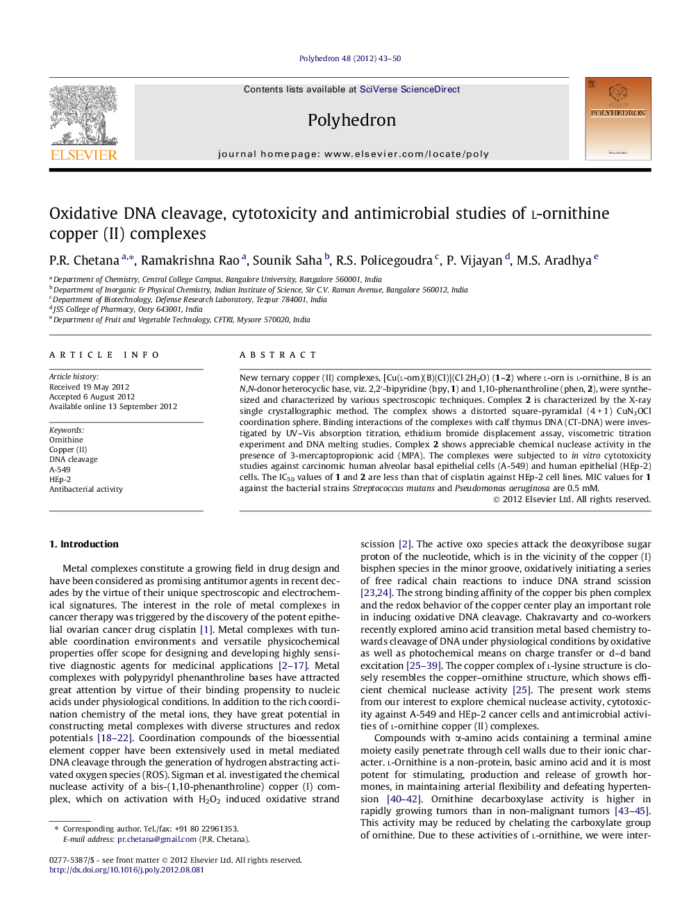 Oxidative DNA cleavage, cytotoxicity and antimicrobial studies of l-ornithine copper (II) complexes