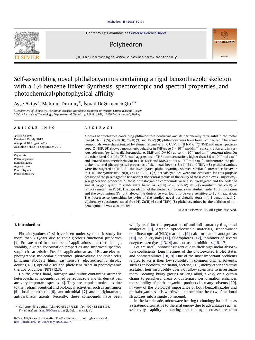 Self-assembling novel phthalocyanines containing a rigid benzothiazole skeleton with a 1,4-benzene linker: Synthesis, spectroscopic and spectral properties, and photochemical/photophysical affinity