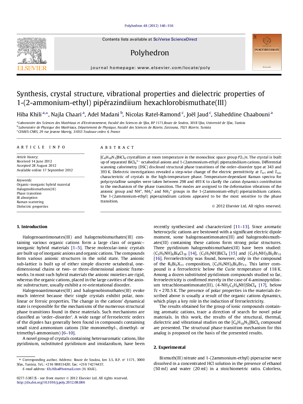 Synthesis, crystal structure, vibrational properties and dielectric properties of 1-(2-ammonium-ethyl) pipérazindiium hexachlorobismuthate(III)