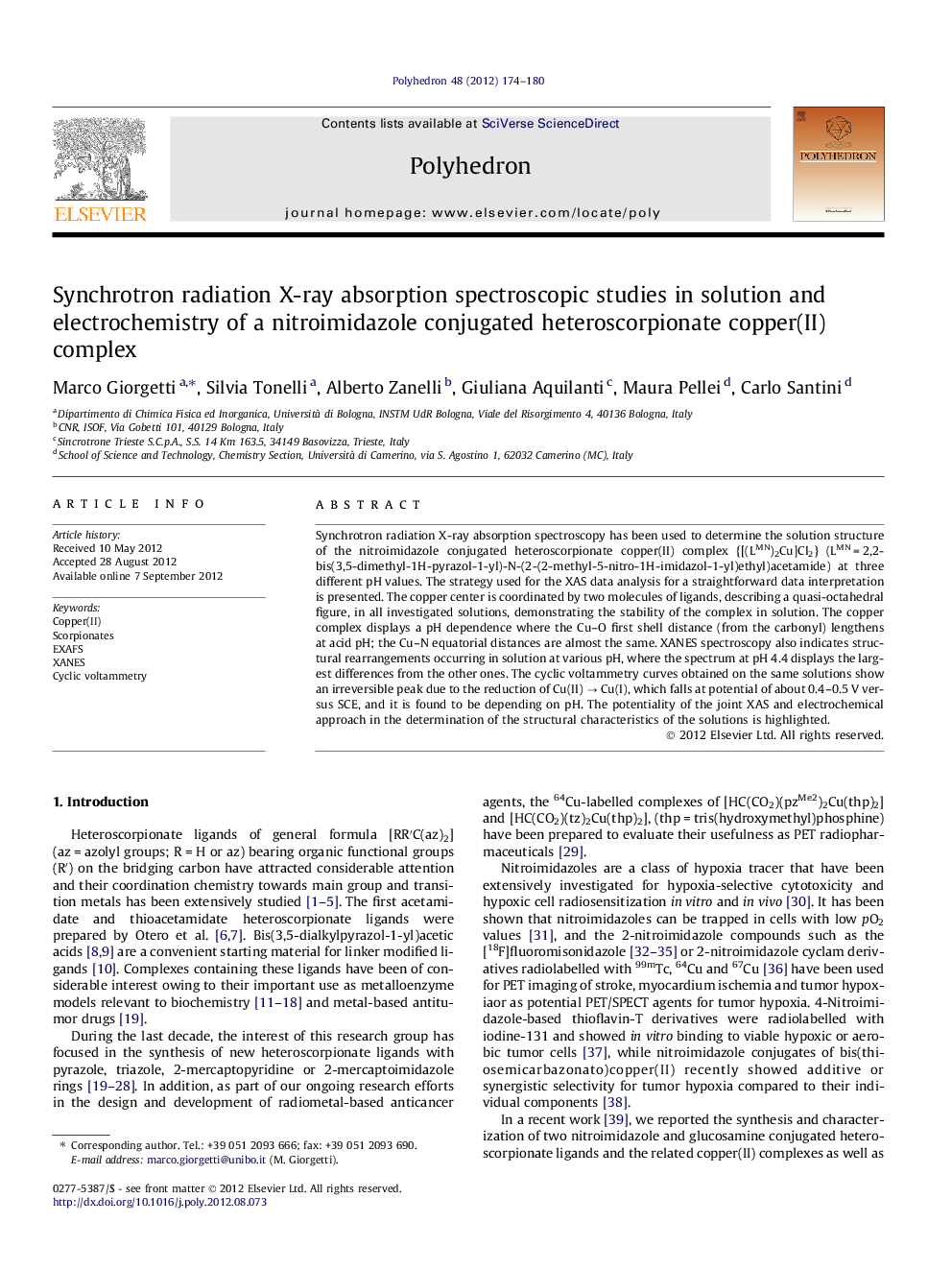 Synchrotron radiation X-ray absorption spectroscopic studies in solution and electrochemistry of a nitroimidazole conjugated heteroscorpionate copper(II) complex