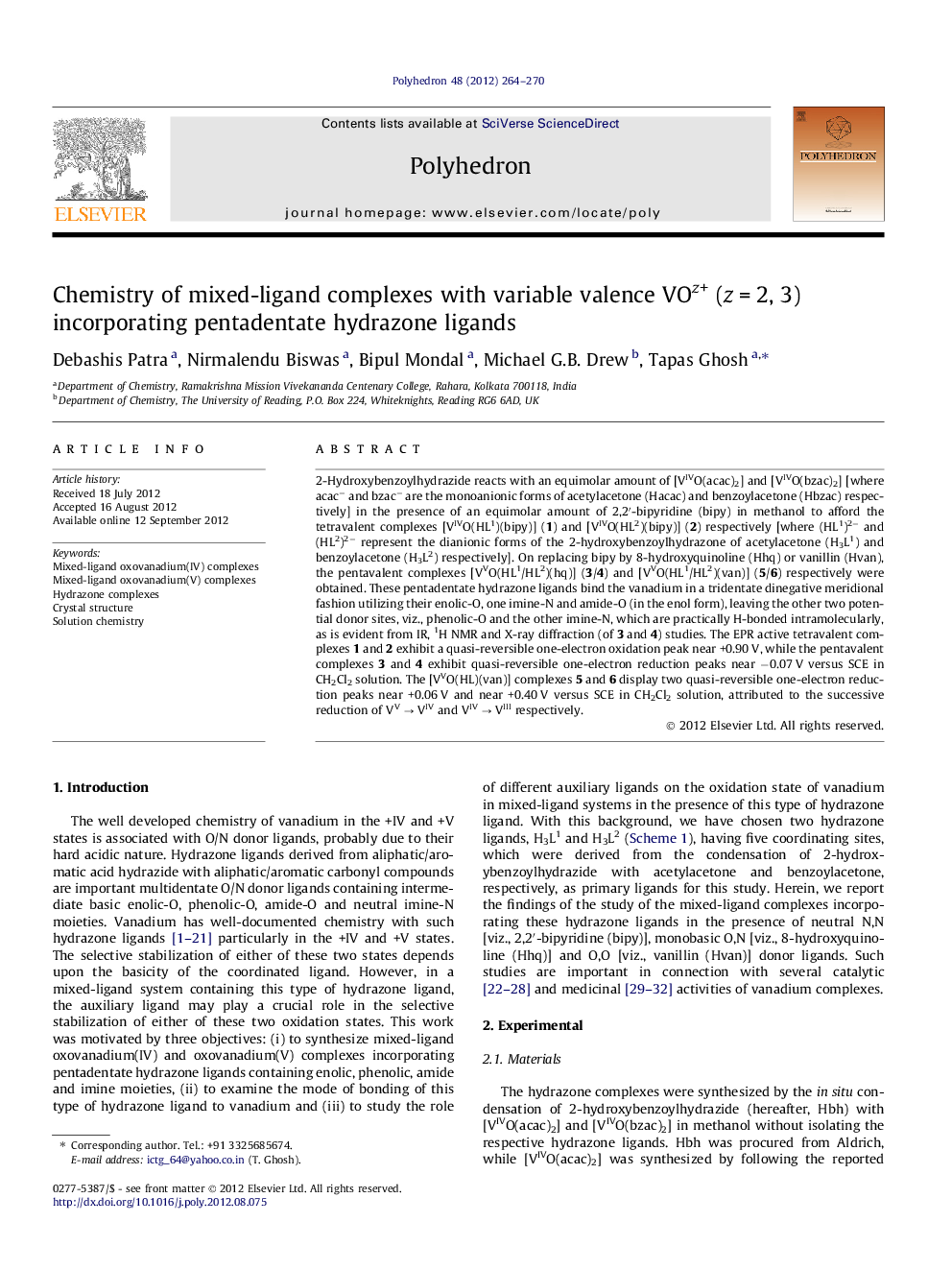 Chemistry of mixed-ligand complexes with variable valence VOz+ (z = 2, 3) incorporating pentadentate hydrazone ligands