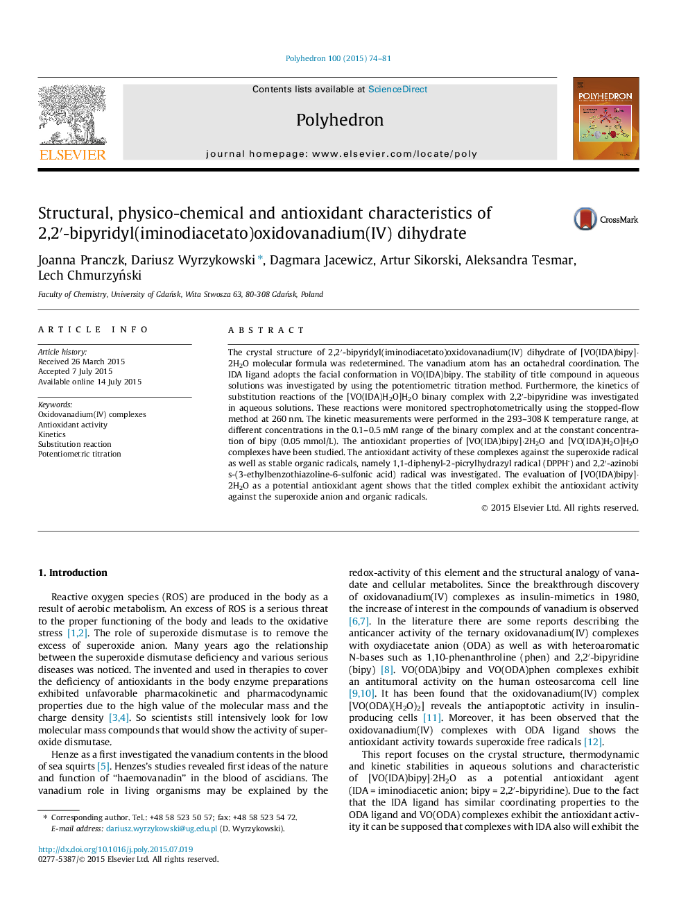 Structural, physico-chemical and antioxidant characteristics of 2,2′-bipyridyl(iminodiacetato)oxidovanadium(IV) dihydrate