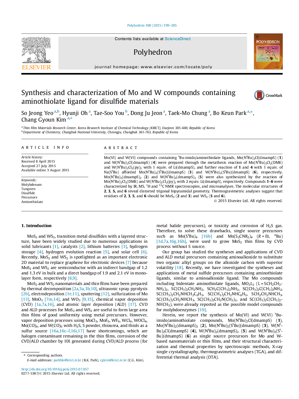 Synthesis and characterization of Mo and W compounds containing aminothiolate ligand for disulfide materials