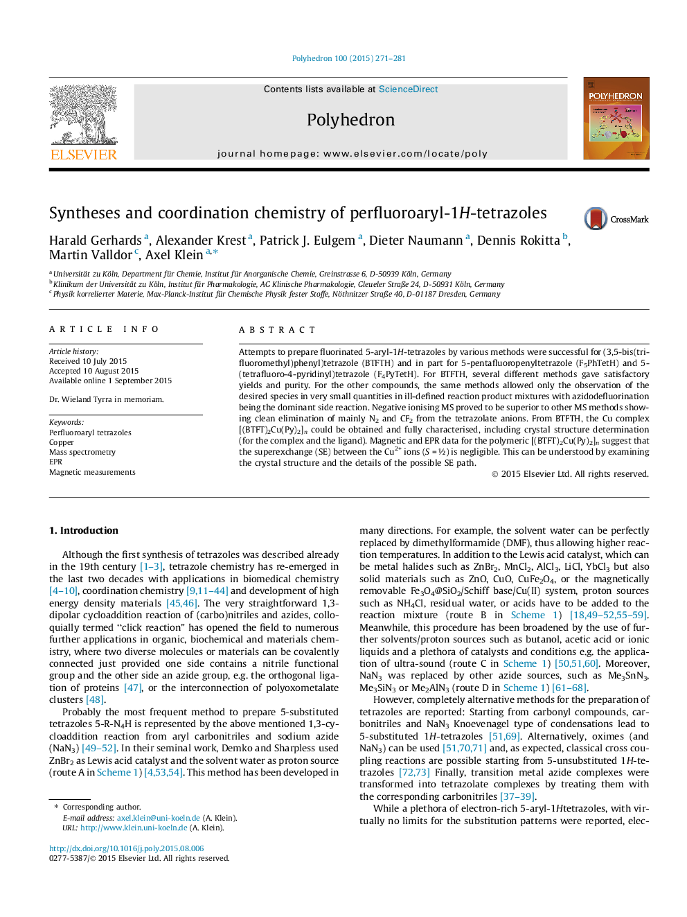 Syntheses and coordination chemistry of perfluoroaryl-1H-tetrazoles