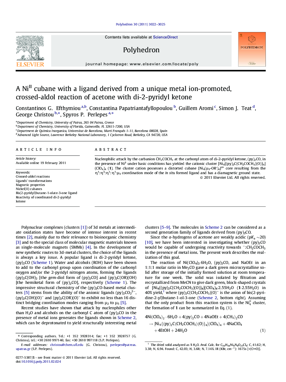 عکس صفحه اول مقاله: A NiII cubane with a ligand derived from a unique metal ion-promoted, crossed-aldol reaction of acetone with di-2-pyridyl ketone A NiII cubane with a ligand derived from a unique metal ion-promoted, crossed-aldol reaction of acetone with di-2-pyridyl ketone