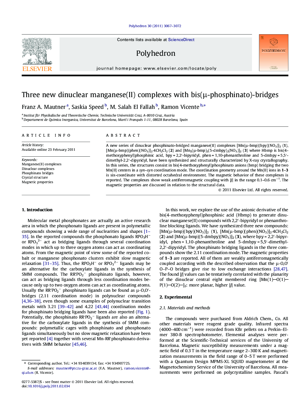 عکس صفحه اول مقاله: Three new dinuclear manganese(II) complexes with bis(μ-phosphinato)-bridges Three new dinuclear manganese(II) complexes with bis(μ-phosphinato)-bridges