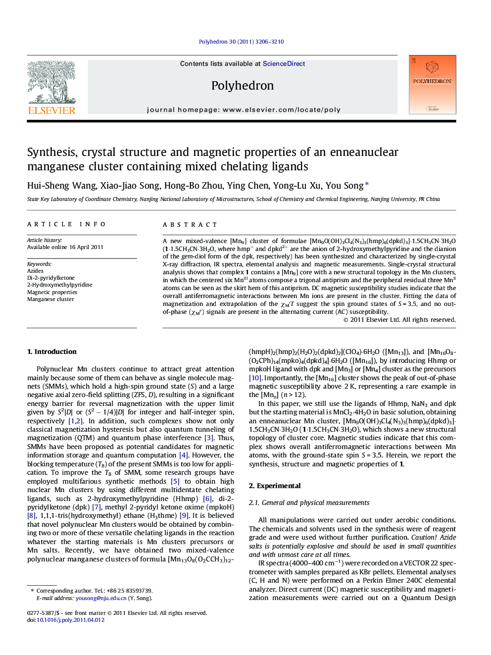 Synthesis, crystal structure and magnetic properties of an enneanuclear manganese cluster containing mixed chelating ligands